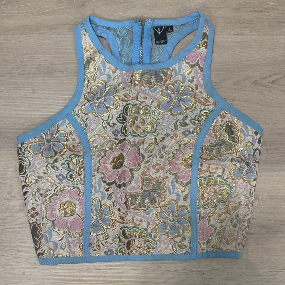 Windsor Blue and Gold Floral Crop Top